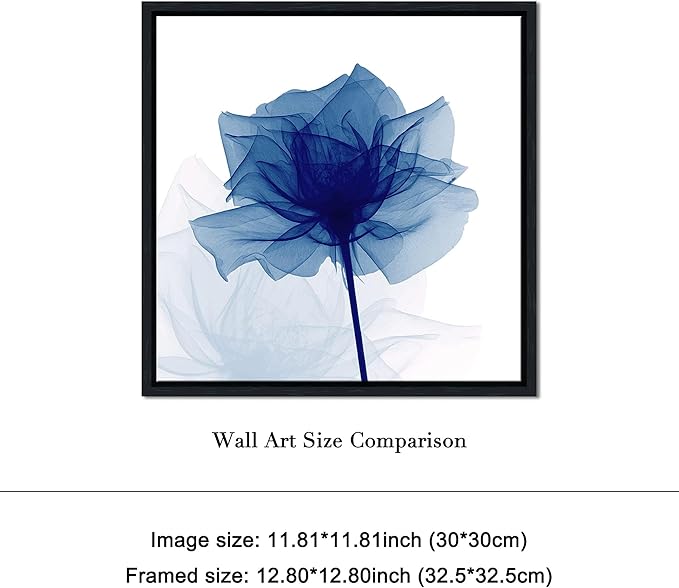 Pyradecor Black Framed Canvas Wall Art Blue Flickering Flower Modern Abstract Paintings Grace Floral Pictures for Bedroom Office Home Decorations