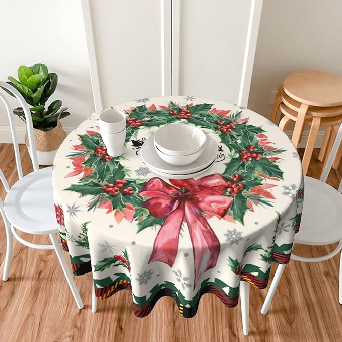 Kawani Merry Christmas Tablecloth Round 60 Inch Ruitic Red Buffalo Plaid Xmas Table Cloth Waterproof Farmhouse Flower Bird Tablecloths Decorative for Holiday Home Party Wedding Picnic