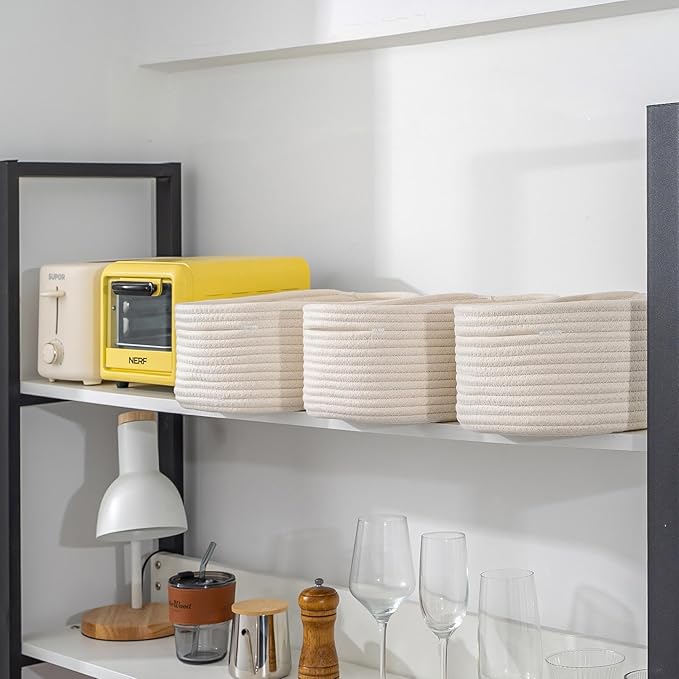 CubesLand Off White Small Storage Baskets for Shelves, Closet Organization Storage Bins Empty Gift Basket Baby Nursery Woven Baskets for Organizing, Rectangular Clothes Closet Shelves Baskets 3 Packs