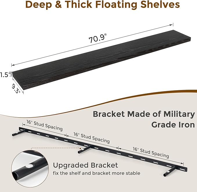 72 Inch Floating Shelves Black, 72 x 9.3 Rustic Wooden Fireplace Mantel, 9.3 Inch Floating Shelf for Wall, Farmhouse Wall Shelves for Home Storage & Display