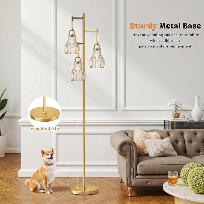 Dimmable Gold Floor Lamps for Living Room, Farmhouse Tree Standing Tall Lamp with Remote Control 3 Elegant Cage Shade LED Bulbs for Bedroom Office - Gold
