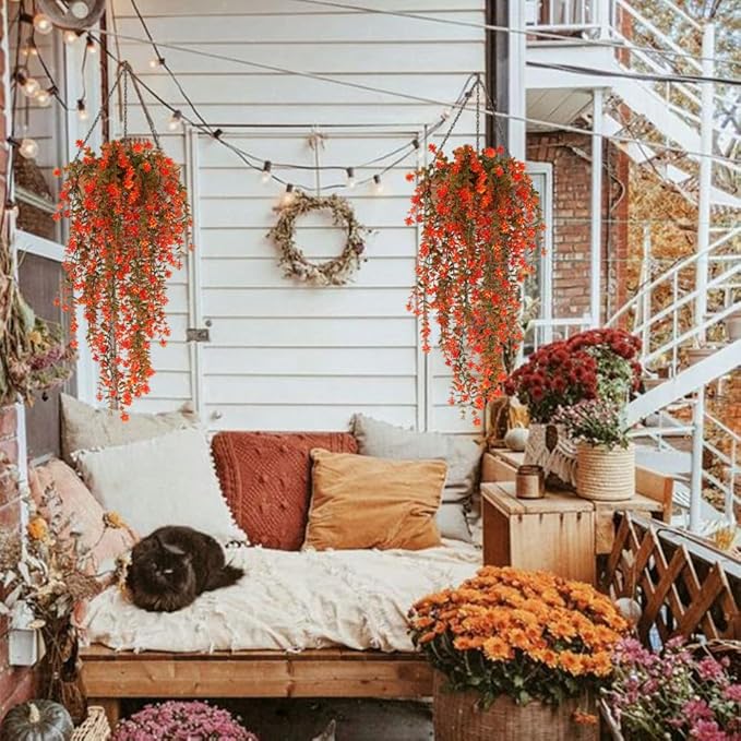 SJL Artificial Fake Fall Hanging Flowers Fake Plant Artificial Hanging Plants Flower Fall Eucalyptus Palnts Outdoor Faux Autumn Vines Decor Real Touch for Patio Living Room Thanksgiving (Salmon)