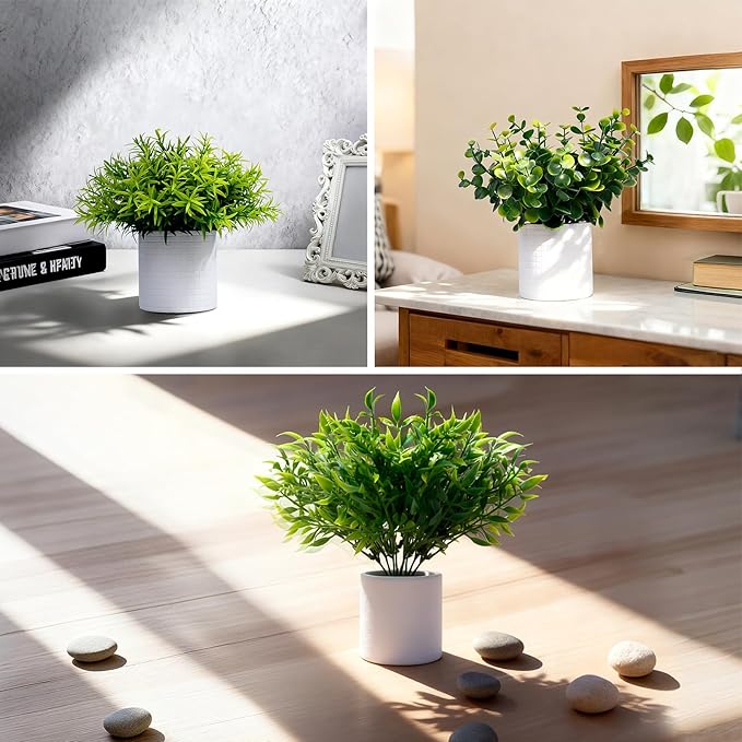 FGSAEOR Mini Potted Fake Plants, Small Artificial Greenery Realistic Plants Topiaries, Low Maintenance, for Home Office Shelf Desk Farmhouse Room Coffee Table Decor (3-Pack) (Green)