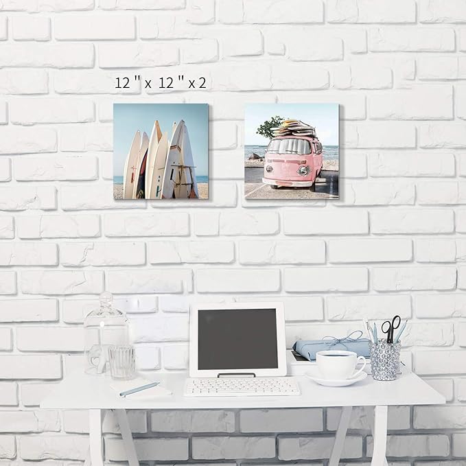 Beach Picture Coastal Art Painting: Surfboard & Pink Car Ocean Wall Art on Canvas for Bedroom Bathroom (12” x 12” x 2 Panels)