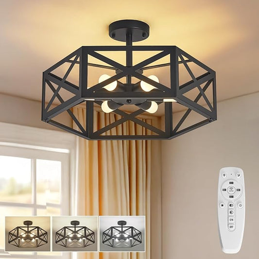 Modern Semi Flush Mount Ceiling Light with Remote Control,19.7" 6-Light Hexagon Flush Mount Ceiling Lights for Dining Room Light Fixture,Farmhouse Kitchen Island Lighting Fixtures for Hallway