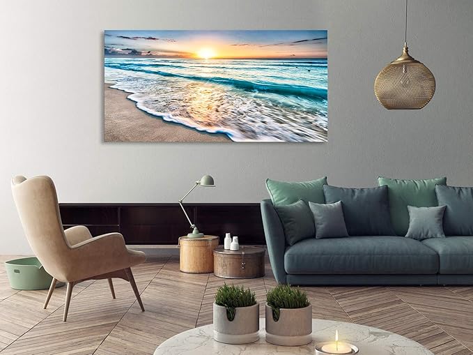 Baisuart S02275 Canvas Prints Wall Art Beach Sunset Ocean Waves Nature Pictures Stretched Pictures to Photo Paintings on Canvas for Home Office Decorations Wall Décor XXLarge 30x60inch