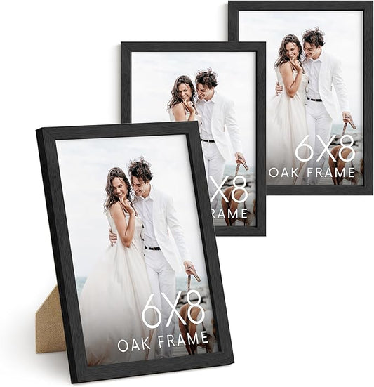 HAUS AND HUES 6x8 Black Oak Wooden Picture Frame - Set of 3 6x8 Poster Frame - Premium Oak, Vertical Hang, Shatterproof Plexiglass - Ideal for Home, Room, Office (6x8-inch, Black, Set of 3)