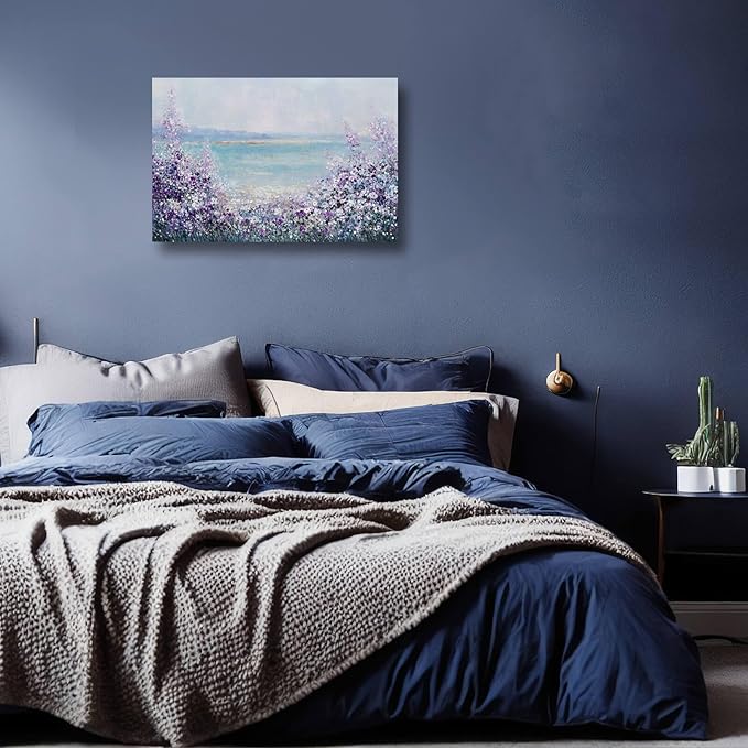 GAIDUOMAI Purple Wall Art Prints Coastal Wall Decor Lavender Flower Artwork for Bedroom Blue Bathroom Picture 12"x16" Small Painting for Dining Room