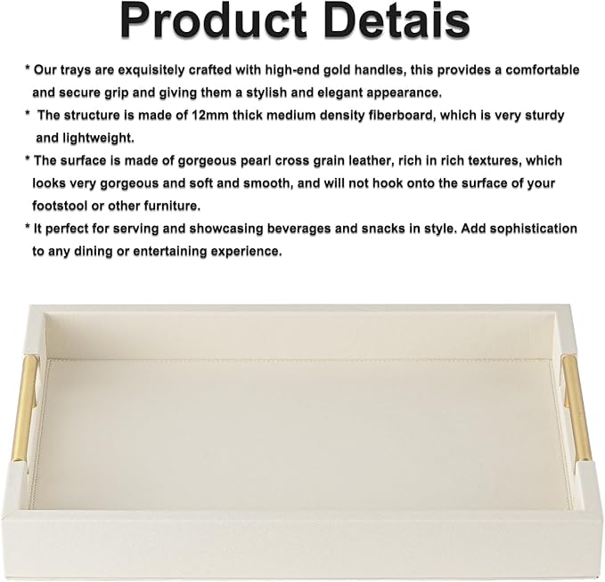 Ivory Faux Leather Serving Tray with Handles – Large Decorative Tray for Coffee Table, Ottoman, Living Room, Bathroom – Home Decor