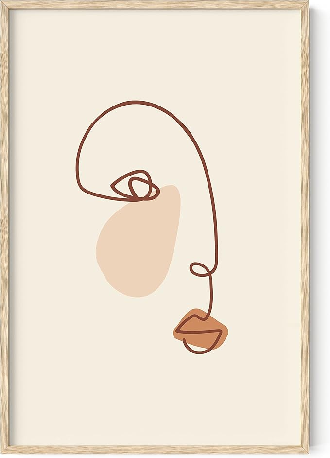 HAUS AND HUES Female Figure Wall Art Line Drawing - Single Line Drawing Wall Art, Minimalist Woman Art Print Line Art Wall Decor Silhouette Lipstick (Beige Frame, 24x36)