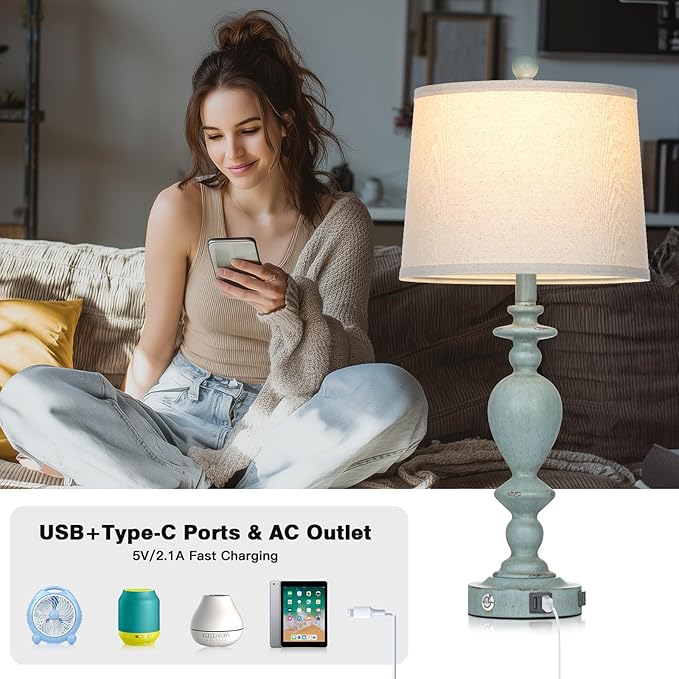 27.5" Coastal Table Lamp for Living Room Set of 2,Retro Blue Bedside Nightstand Lamps with USB C+A Ports & AC Outlet,3-Way Dimmable Touch Control Desk Lamp for Bedroom