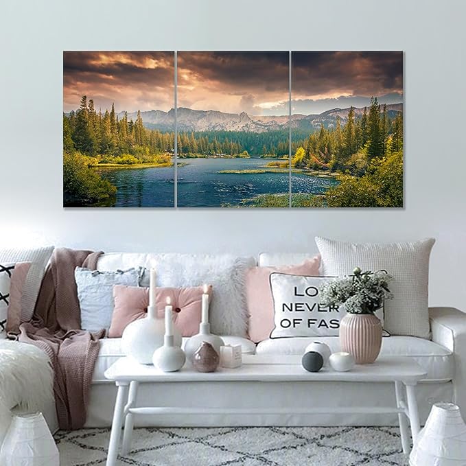 Lake Poster Wall Art Wall Decor Lake Mountain Forest Nature Park Landscape Picture Print on Canvas 3 Pieces Painting Artwork for Modern Home Living Room Workplace Stretched and Framed [60''Wx28''H]