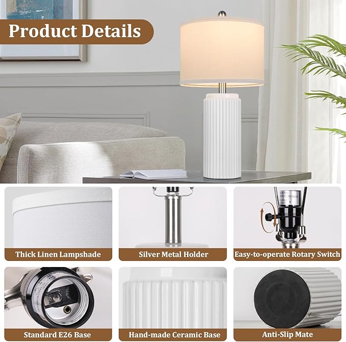 TOBUSA 23.5’’ Modern White Ceramic Lamps Set of 2, Living Room Retro Side Table Lamps, Farmhouse Bedside Nightstand White Lamps for Bedroom with Linen Shade, Elegant Decor Lamp Sets for Home Office