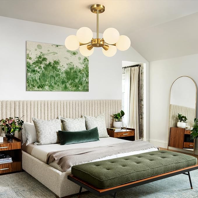 Mid Century Modern Ceiling Light with Milk White Glass lampshade Gold Semi Flush Mount Ceiling Light Fixture Sputnik Chandelier for Bedroom Living Room Dining Room Foyer Hallway(6-Lights)