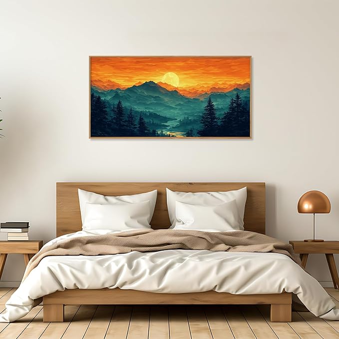 HOURIA Large Sunrise Mountain Forest Landscape Framed Canvas Wall Art Set,Orange Sky Green Ridge Wall Decor,Nature Pine Tree Artwork,Boho Watercolor Art Print for Living Room, Bedroom- 20"x40"x1