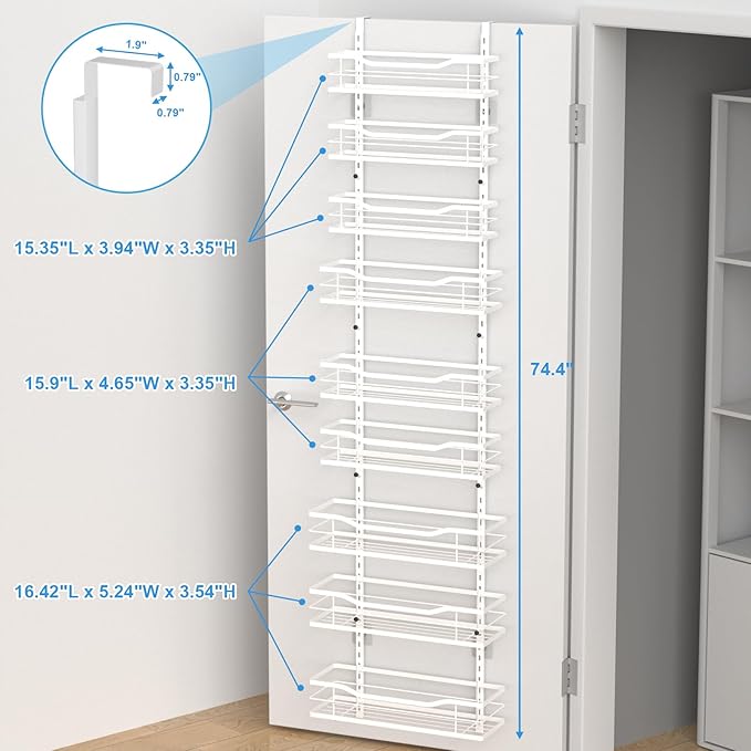 9-Tier Over The Door Pantry Organizer, Metal Pantry Organizers and Storage with Adjustable Basket, Spice Rack Seasoning Shelves, Over the Door Organizer for Pantry Kitchen Laundry, White