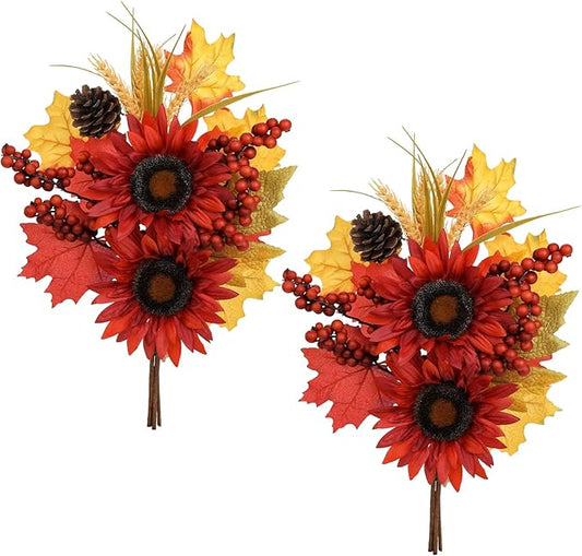 Briful Set of 2 16in Fall Burgundy Sunflower Picks and Sprays with Pinecones Berries Maple Leaves Artificial Fall Floral Branches Stems for Autumn Home Wedding Party Vase Centerpieces Decor