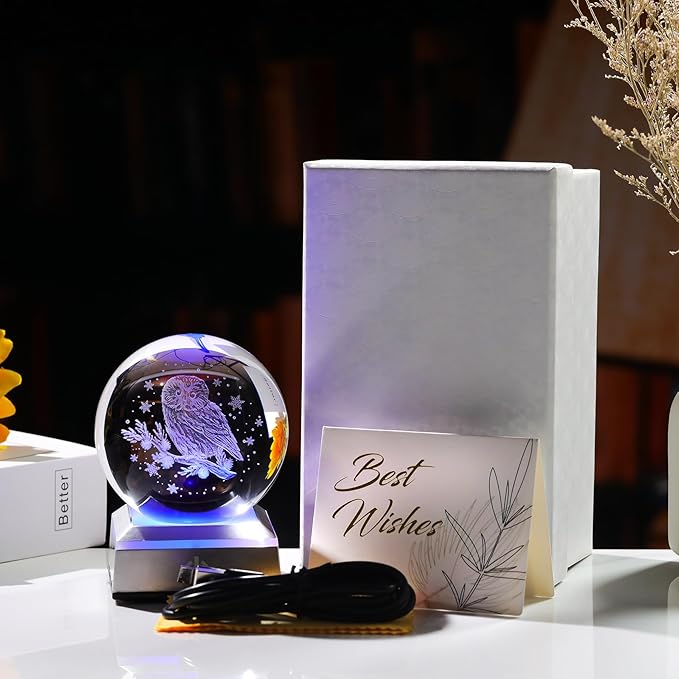 Ornalrist 3.15" Crystal Ball 3D Engraved Owl with Snowflake Gifts for Women Men Children Glass Sphere with LED Colorful Base Ideas on Birthday Christmas for Home Decor Figurine