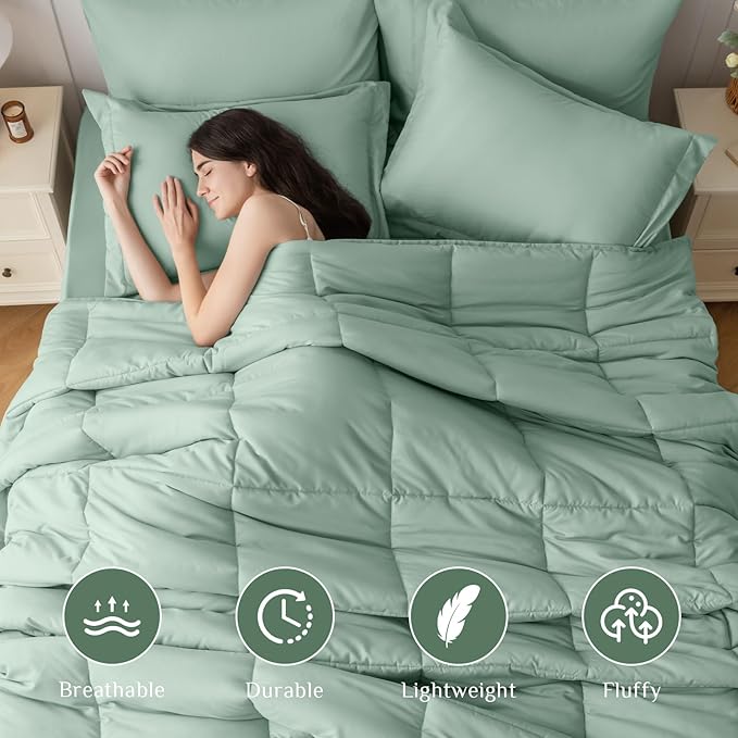 JOLLYVOGUE Queen Comforter Set, Ultra-Soft Bed in a Bag Queen Size 7 Pieces, Oeko-TEX Certified Bedding Set with Down Alternative Comforter, Sheets, Pillowcases & Shams, Sage Green
