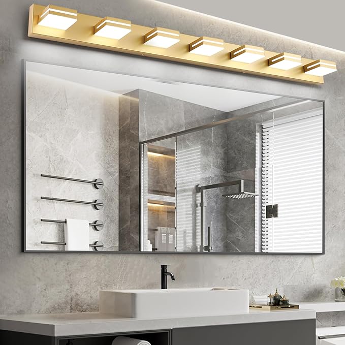 SineRise LED Modern Bathroom Vanity Light Fixtures (7-Light, 55-Inch, Dimmable), Gold Modern Acrylic Bathroom Wall Lighting Fixtures Over Mirror (Cool White 6000K)
