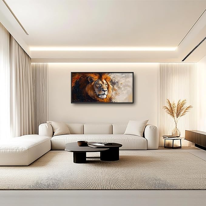 Lion Framed Wall Art for Living Room, Large Brown Lion Canvas Wall Decor, Wild Animal Pictures Painting, Modern Artwork for Bathroom Bedroom Office 60L'' × 30W''