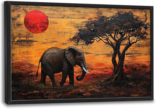 Elephant Framed Wall Art for Living Room, Large African Elephant Canvas Wall Decor, Wild Animal Sunset Picture Painting, Modern Artwork for Bathroom Bedroom 36L'' × 24W''