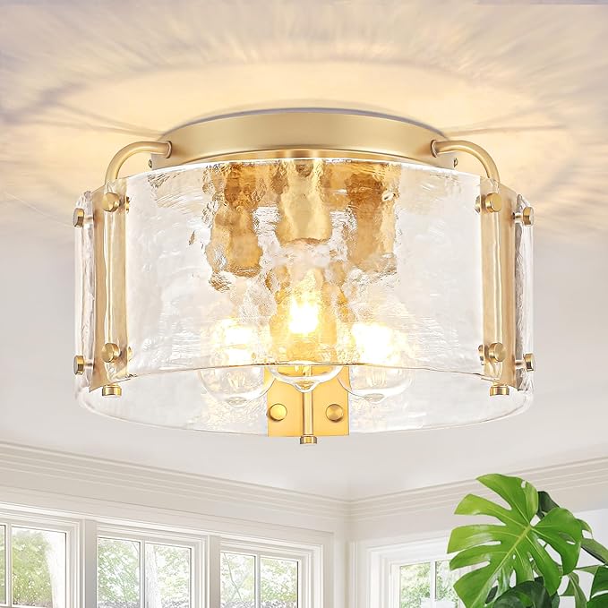TOULMJ 15'' Semi Flush Mount Ceiling Light, Gold Morden Hallway Light Fixture 3-Light Ceiling Light Fixture with Seeded Glass Shade for Dining Room Hallway Entryway Bedroom Laundry Room