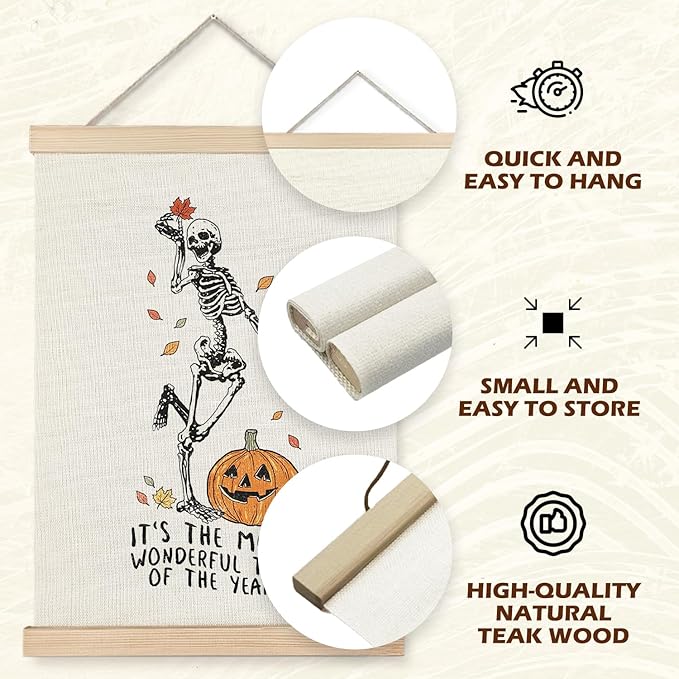 Supwhd Funny Halloween Skeleton Pumpkin Wall Art with Wooden Poster Hanger, Most Wonderful Time of the Year Halloween Wall Decor, Gothic Skull Posters Wall Art Decor, Skeleton Wall Decor, 12x16