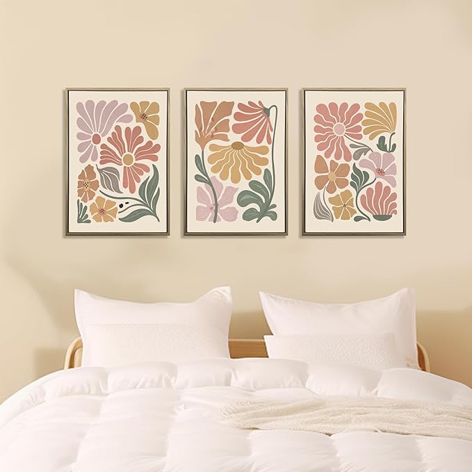 WRFON Boho Abstract Floral Canvas Wall Art, Flower Market Poster Prints, Minimalist Vibrant Botanical Aesthetic Pictures, Modern Nature Plant Wall Decor for Living Room Bedroom Framed 16"x24"x3
