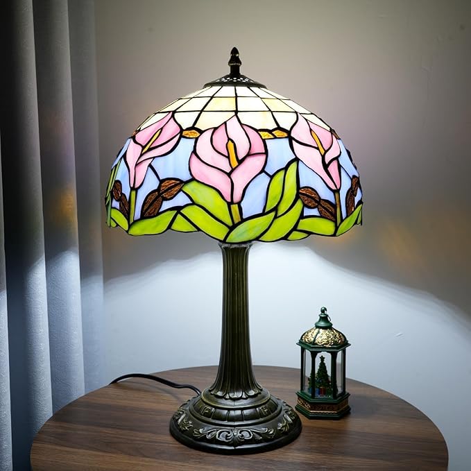 Tiffany Lamp 12 Inch Blue Pink Calla Lily Victorian Stained Glass Table Lamp Antique Bedside Reading Lamp For Bedroom Nightstand Office Light Dorm Room Decor Tiffany Style Retro Home Decoration Gifts