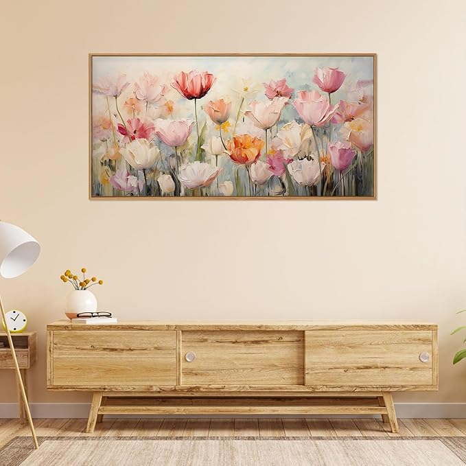 HPNIUB Large Hand-Painted Nature Wildflowers Framed Wall Art Pink Floral Canvas Oil Painting Modern Aesthetic Wall Decor Abstract Flower Artwork for Living Room Bedroom Decor -20"x40"