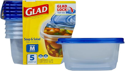 Glad GladWare Soup & Salad Food Storage Containers - Medium Rectangle - Meal Container Holds up to 24 Ounces of Food - Lock Tight Seal, 5 Count
