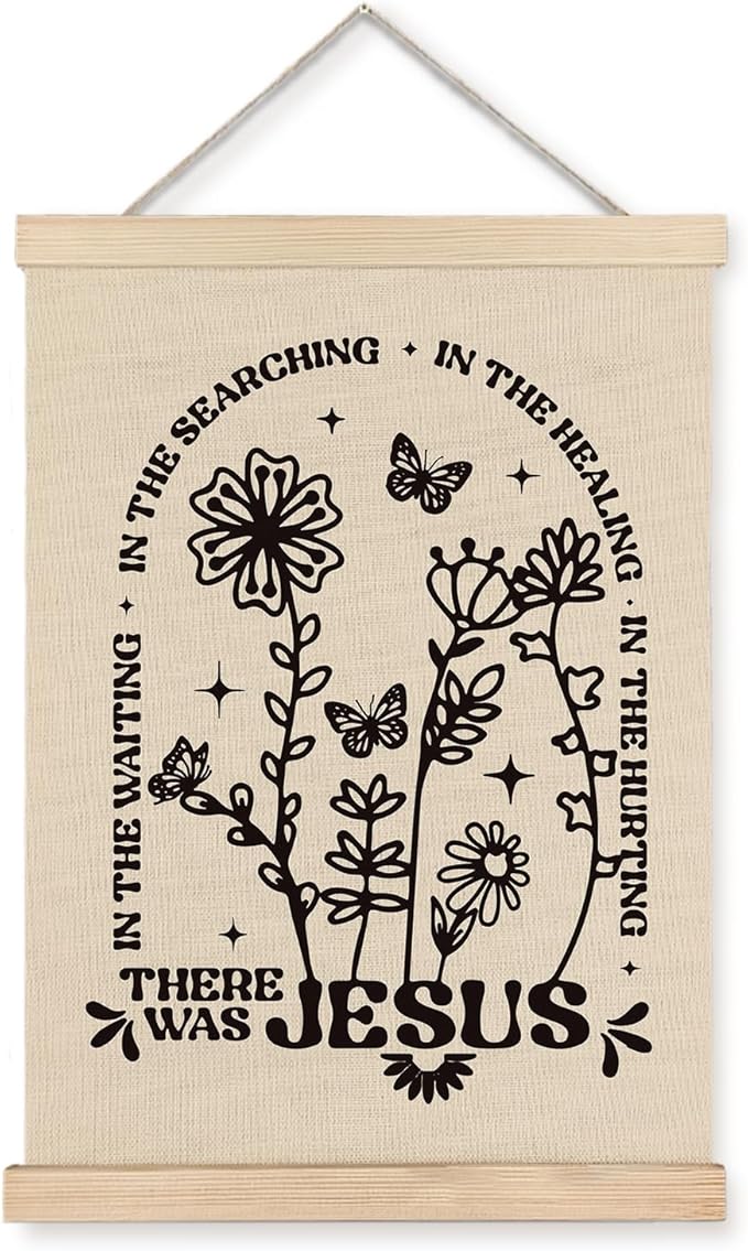 Supwhd Boho Floral Christian Wall Art with Wooden Poster Hanger, There Was Jesus Bible Verses Scripture Wall Decor, Christian Wall Decor for Home Room, 12x16
