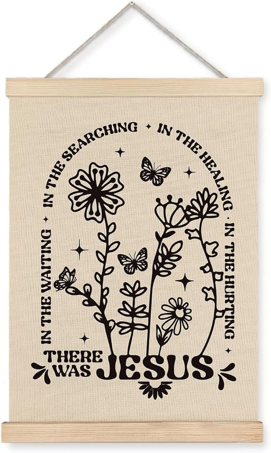 Supwhd Boho Floral Christian Wall Art with Wooden Poster Hanger, There Was Jesus Bible Verses Scripture Wall Decor, Christian Wall Decor for Home Room, 12x16
