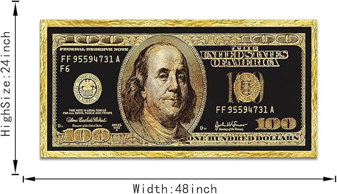 Large Size Motivational Framed Wall Pictures 100 Golden Dollar Money Artwork Posters Prints Culture Style Street Art Inspirational Canvas Painting Wall Art for Kids Room Studio Ready to Hang-48"Wx24"H
