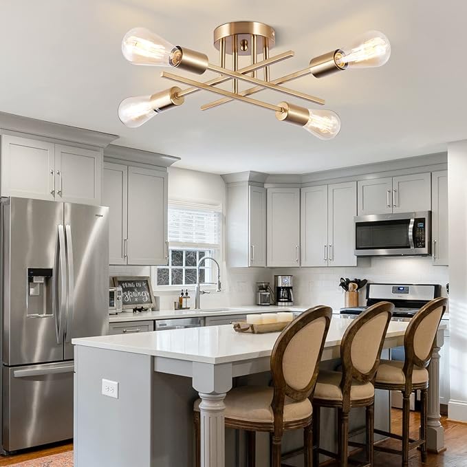 Sputnik Chandeliers, Modern Semi Flush Mount Ceiling Light with E26 Base, Mid Century Industrial Kitchen Farmhouse Light Fixtures for Bedroom Living Room (Brass, Ceiling 4 Lights)