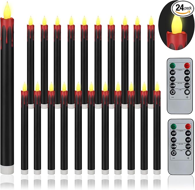 Flameless Taper Candles 10.6" Dripless Battery Operated Taper Candles Included Remote Timer 400+ Hours by 2AA Batteries for Halloween Christmas Wedding (Black+Burgundy, 24 Pack)