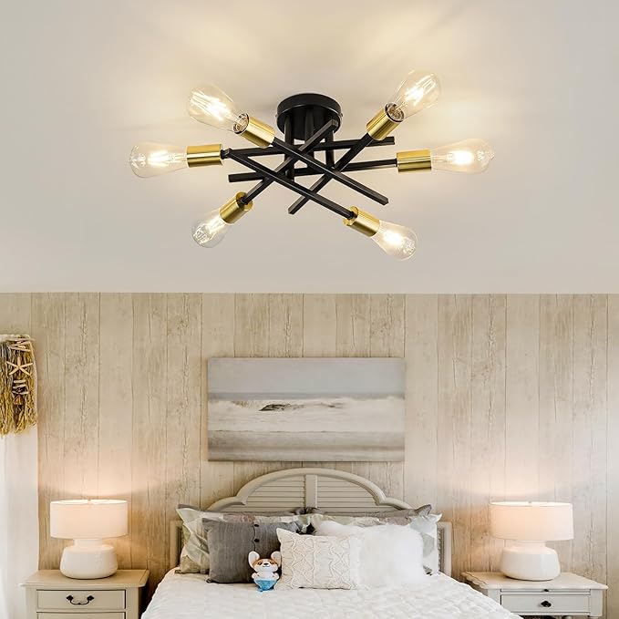 6-Lights Sputnik Semi Flush Mount Ceiling Light Fixture Modern Metal Black and Gold Chandeliers with E26 Bulb Base Close to Ceiling Light for Kitchen Dining Room Living Room Hallway Bedroom