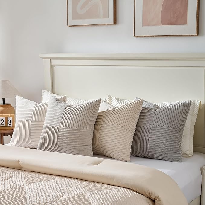 Fancy Homi 4 Packs Neutral Decorative Throw Pillow Covers 20x20 Inch for Living Room Couch Bed Sofa, Rustic Farmhouse Boho Home Decor, Soft Cross Striped Corduroy Patchwork Square Cushion Case 50x50cm