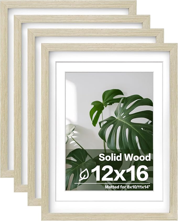Egofine 12x16 Picture Frames Set of 4, Made of Solid Wood Covered by Plexiglass 9x12 and 11x14 with Mat or 12x16 without Mat, for Wall Mounting Photo Frame Distressed Wood Grain