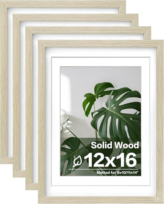 Egofine 12x16 Picture Frames Set of 4, Made of Solid Wood Covered by Plexiglass 9x12 and 11x14 with Mat or 12x16 without Mat, for Wall Mounting Photo Frame Distressed Wood Grain