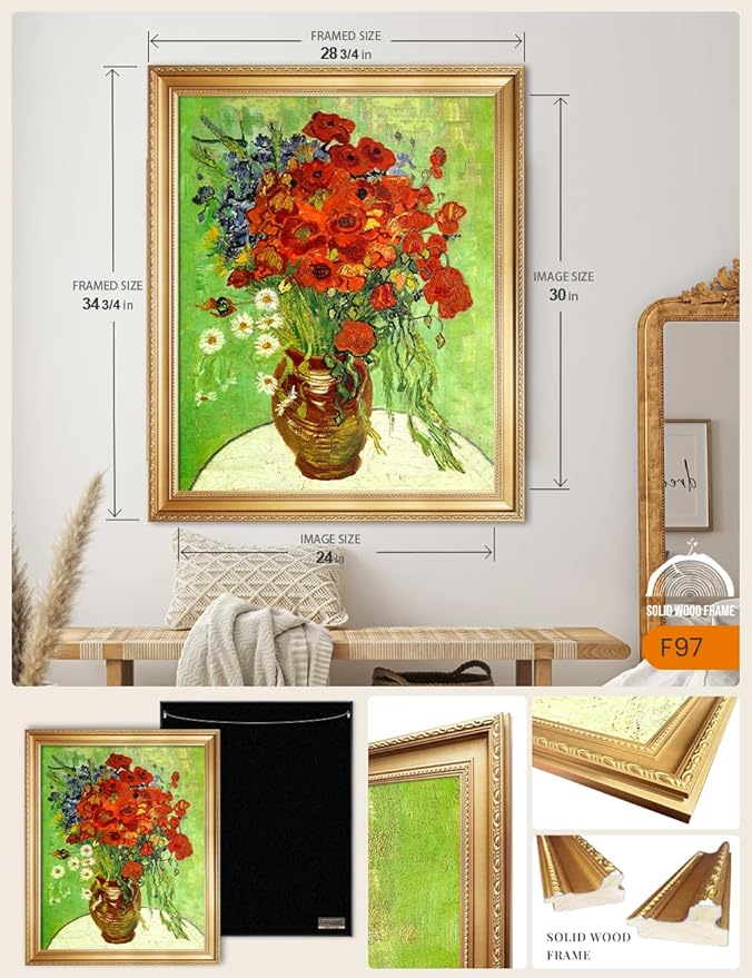 DECORARTS - Red Poppies and Daisies, Vincent Van Gogh Art Reproduction. Acid Free Cotton Canvas Giclee Print w/Bronze Frame&Mat for Wall Decor.