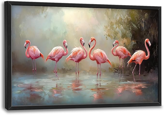 Flamingo Framed Wall Art for Living Room, Large Pink Birds Canvas Wall Decor, Animal Lake Pictures Painting, Modern Artwork for Bathroom Bedroom 36L'' × 24W''