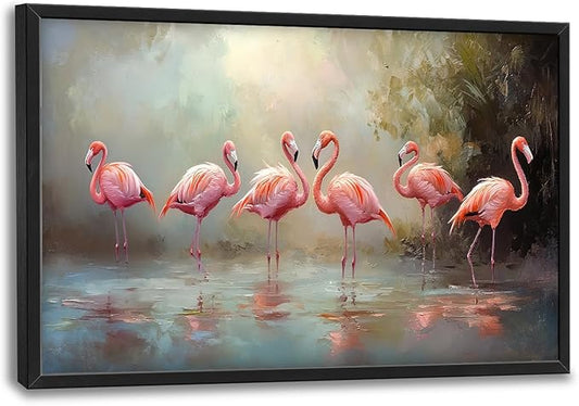 Flamingo Framed Wall Art for Living Room, Large Pink Birds Canvas Wall Decor, Animal Lake Pictures Painting, Modern Artwork for Bathroom Bedroom 36L'' × 24W''