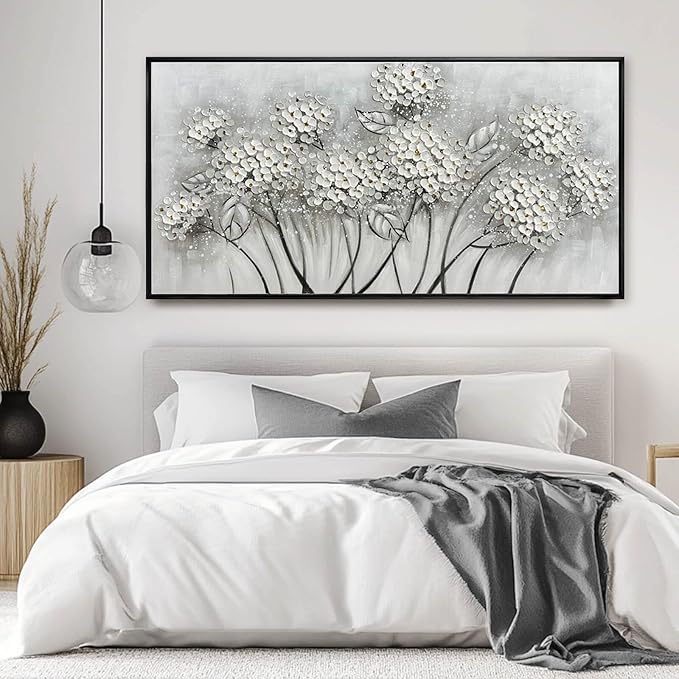Kureful Large Artwork Flowers Oil Painting Modern Home Decorations Floral Canvas Pictures for Living Room Bedroom Kitchen Office 29" x 58" (White)