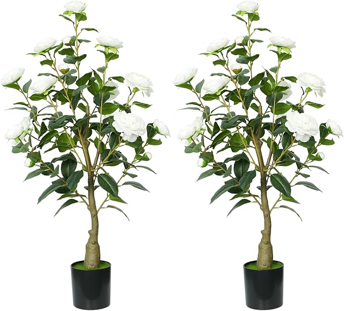 3ft Artificial Camellia Tree with White Silk Flowers - Realistic Faux Flowering Plant for Indoor/Outdoor Decor, Home Staging & Wedding Centerpieces-2pack