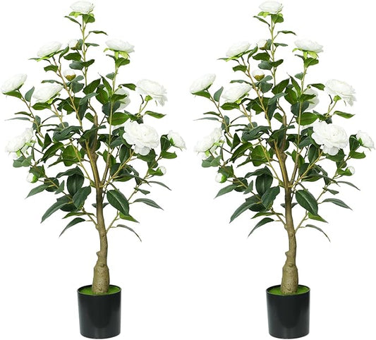 3ft Artificial Camellia Tree with White Silk Flowers - Realistic Faux Flowering Plant for Indoor/Outdoor Decor, Home Staging & Wedding Centerpieces-2pack
