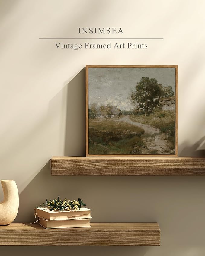 InSimSea Square Framed Canvas Wall Art, Landscape Decor Classical Rural Farmhouse Room Decor, Vintage Nature Oil Painting Wall Art Prints Decor for Bathroom, Bedroom, Living Room 12"x12"