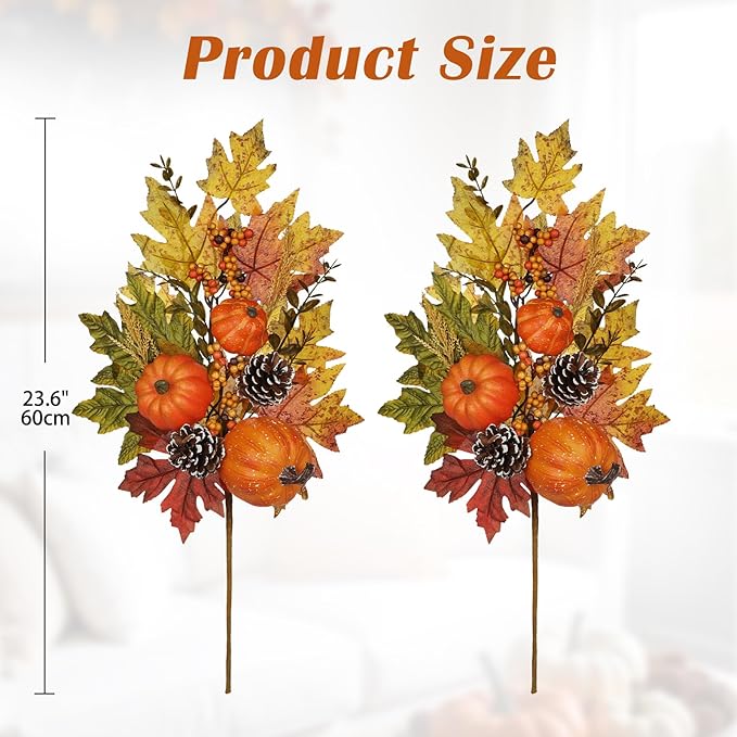 Artificial Fall Branches Table Centerpieces, Fake Pumpkins Pinecones Maple Leaves with Berries, 23.6" Fall Stems for Vase Falls Floral Stems Autumn Décor Farmhouse Kitchen Table Decorations 2 Pcs