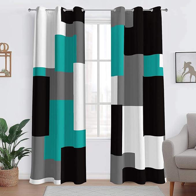 Teal/Turquoise 100% Blackout Curtains for Bedroom 96 inch Length 2 Panels Set White Grey Modern Abstract Geometric Black Out Curtains Room Darkening Window Drapes for Living Room, 42Wx96L